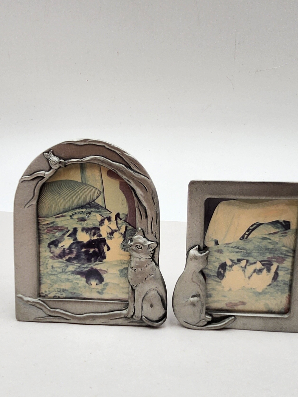 2 Vintage Pewter Silver Cat Mini Picture Frame Pair 2x3